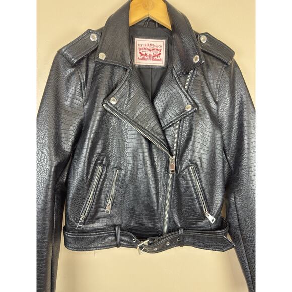 Levi’s Women’s Faux Leather Biker Jacket Small Black Crocodile Retro - Picture 2 of 14